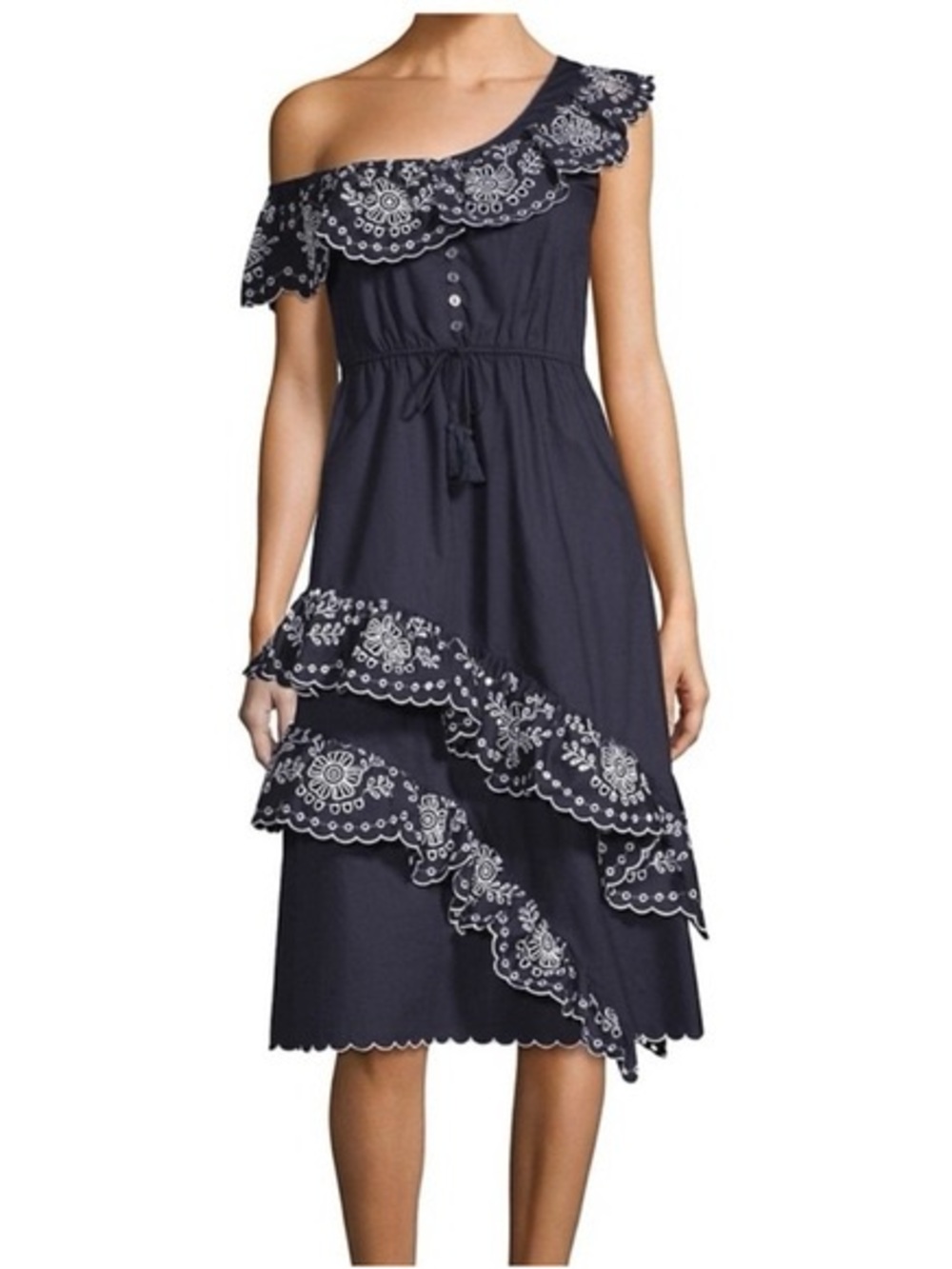 Sea New York Navy One-Shoulder Embroidered Ruffle Midi Dress